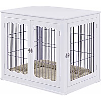 UniPaws Wooden Wire White Double Door Dog Kennel with Pet Bed