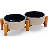 Reddy Grey & Navy Ceramic & Bamboo Elevated Dog Double Diner