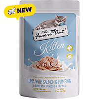 Fussie Cat Pouch Tuna & Salmon with Pumpkin in Goat Milk Mousse & Shreds Kitten Food
