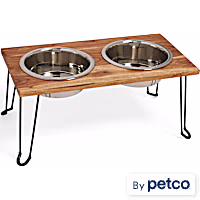 EveryYay Elevated Wood Metal Legs with Stainless Steel Double Diner Dog Bowls
