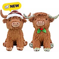 Multipet International Lamb Chop Jumbo Highland Cow with Fair Isle Winter Hat or Holly Print Assorted Dog Toy