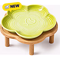 PawsPik Flower Ceramic Feeding Cat Plate with Raised Bamboo Stand