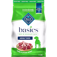 Blue Buffalo Basics Grain-Free, Skin & Stomach Care, Limited Ingredient Diet, Lamb Recipe, Adult Dry Dog Food
