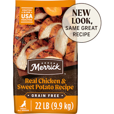 Merrick Grain Free Real Chicken & Sweet Potato Recipe Dry Dog Food 22 lbs. Great tasty high quality food! For active dogs due to its high calorie content
