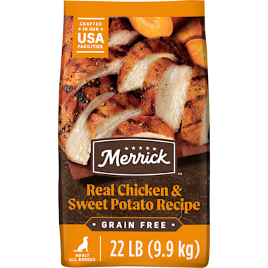 Merrick Grain Free Real Chicken & Sweet Potato Recipe Dry Dog Food 22 lbs. Great tasty high quality food! For active dogs due to its high calorie content