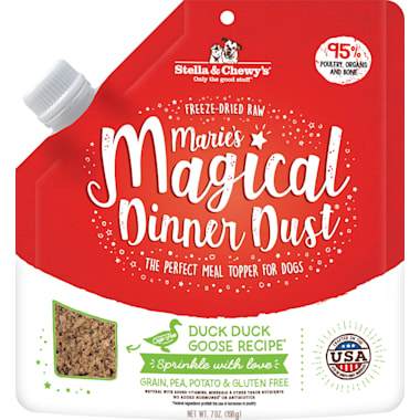 Stella & Chewy's Freeze-Dried Raw Marie's Magical Dinner Dust High Protein Meal Duck Goose Recipe Dry Dog Food Topper 7 oz. gets my dog interested in his dog food by sprinking this on top