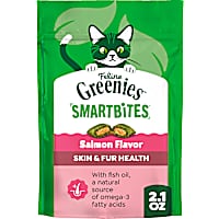 Feline Greenies Smartbites Salmon Flavor Skin & Fur, Crunchy and Soft Natural Cat Treats