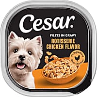 Cesar Filets In Gravy Easy Peel Trays Rotisserie Chicken Flavor Soft Wet Dog Food