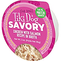 Tiki Dog Savory Chicken with Salmon Recipe in Broth Dog Food