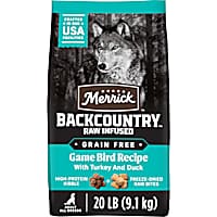 Merrick Backcountry Grain Free Kibble with Freeze Dried Raw Pieces, Game Bird Recipe Adult Dry Dog Food