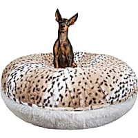 Bessie and Barnie Signature Aspen Snow Leopard/Snow White Luxury Extra Plush Faux Fur Bagel Dog Bed