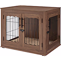 UniPaws Crate Wooden End Table with Wire Dog Kennel with Bed in Walnut