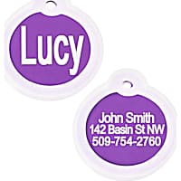 GoTags Personalized Purple Round Pet ID Tag Includes Glow in The Dark Silencer to Protect Tag and Engraving
