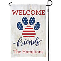 Custom Personalization Solutions Welcome Friends Patriotic Paw Print Personalized Garden Flag for Dogs