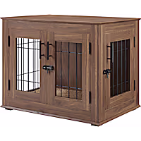 UniPaws Walnut Crate Wooden End Table with Wire Dog Kennel with Bed