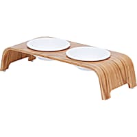 Teamson Pets Brown Billie Elevated Ash Wood Dog Feeder with Ceramic Bowls