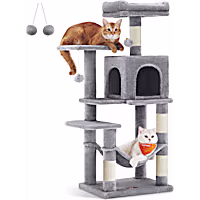 SONGMICS HOME Plush Cat Tree - Multi-Level Tower with Hammock, Cave, 2 Perches, 4 Scratching Posts & Pom Poms