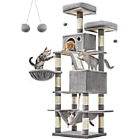 SONGMICS HOME 66.1-Inch Large Cat Tower with 13 Scratching Posts, 2 Perches, 2 Caves, Hammock, Basket & Pompoms