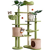 SONGMICS HOME 68.1-Inch Multi-Level Cat Condo Tower with Artificial Leaves, 3 Scratching Posts and Camel Brown