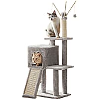 SONGMICS HOME 46.5-Inch Cat Tower for Indoor with Scratching Post, Ramp, 3 Removable Pompom Sticks, Cat Cave