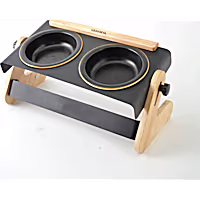 HANAMYA Iron-Wood Stand, Adjustable Height & Angle Pet Bowl Set with Ceramic Bowl
