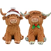 Multipet International Lamb Chop Jumbo Highland Cow with Fair Isle Winter Hat or Holly Print Assorted Dog Toy