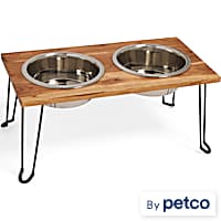 EveryYay Elevated Wood Metal Legs with Stainless Steel Double Diner Dog Bowls