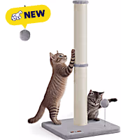 SONGMICS HOME 33.5" Tall Cat Scratcher Post, Sisal Pole with Spring Pompom Toy and Bell, for Medium & Large Cats