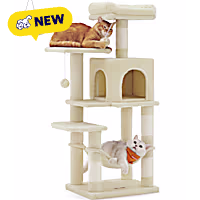 SONGMICS HOME Plush Cat Tree - Multi-Level Tower with Hammock, Cave, 2 Perches, 4 Scratching Posts & Pom Poms