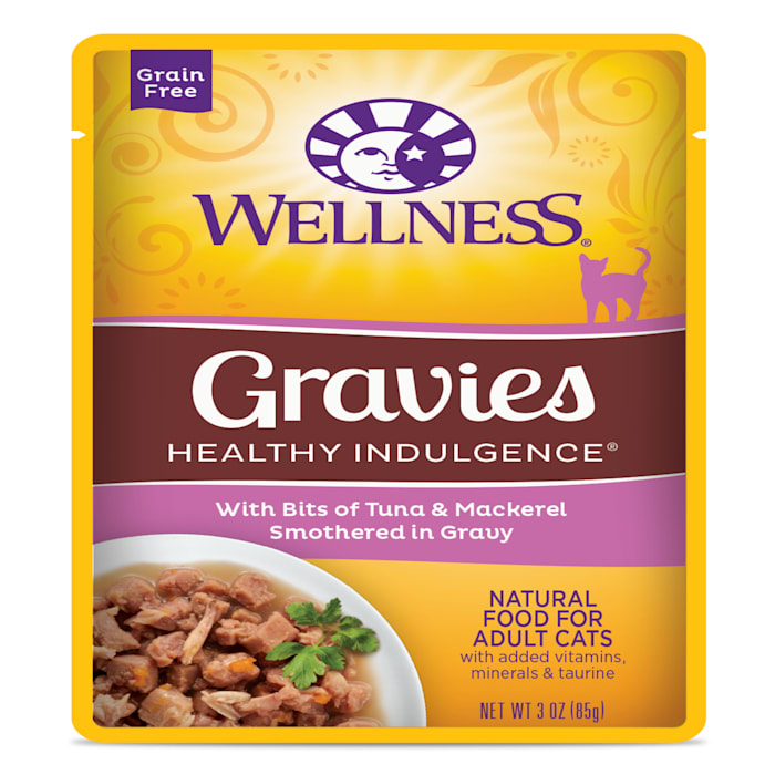 Wellness Healthy Indulgence Natural Grain Free Wet Cat Food  Gravies Tuna & Mackerel  3-Ounce Pouch (Pack of 24)