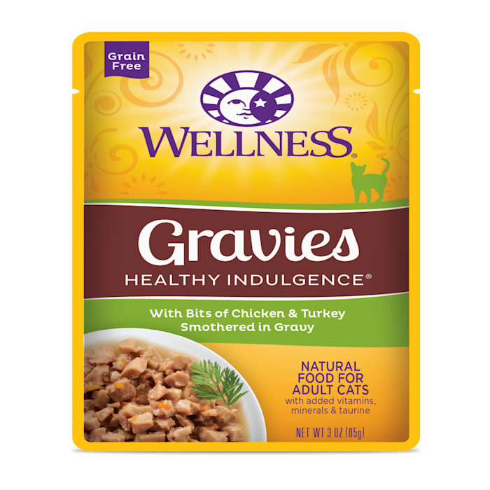 Best by: 05/24/2025 Wellness Healthy Indulgence Natural Grain Free Wet Cat Food, Gravies Chicken & Turkey, 3-Ounce Pouch (Pack of 24)