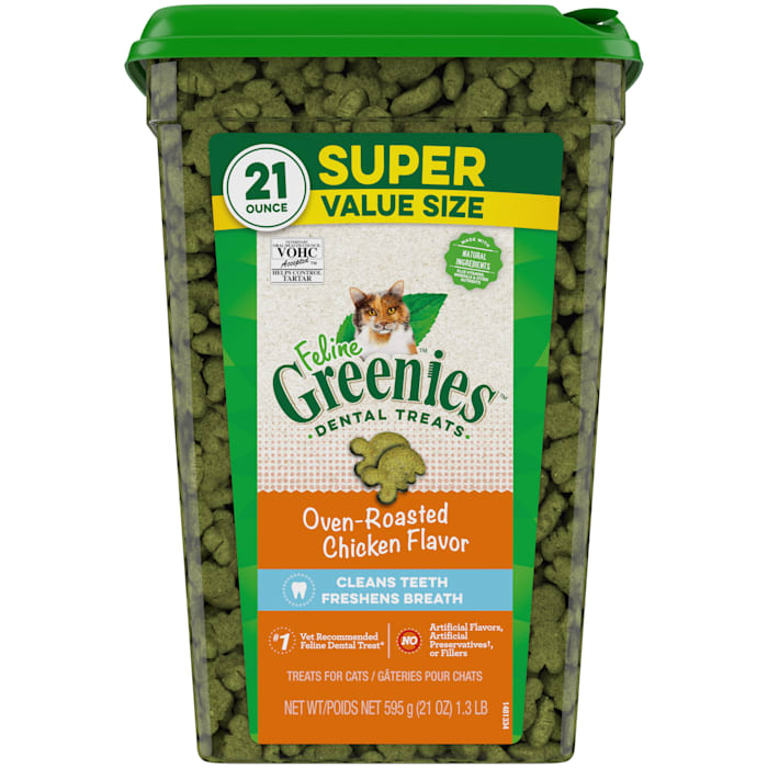 feline greenies adult natural dental care dry cat treats  oven roasted chicken flavor  21 oz tub