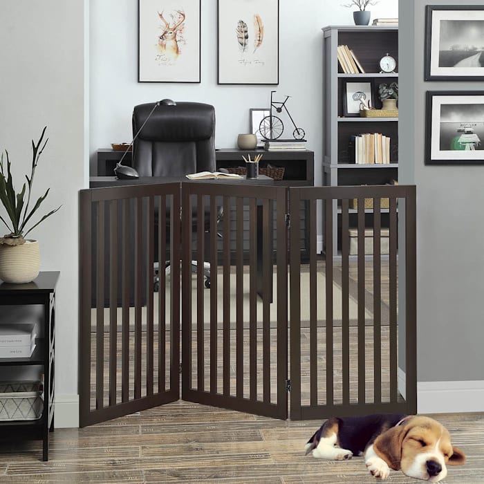 UniPaws Flat Wooden 3 Panel Dog Gate Espresso Freestanding, 20"-60" W X 36" H, Brown, Large