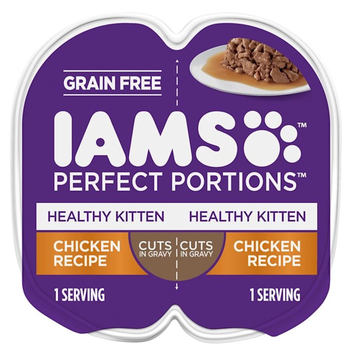 Iams Perfect Portions Healthy Kitten Wet Cat Food Cuts In Gravy  Grain Free Chicken  2.6 Oz Twin-Pack Trays