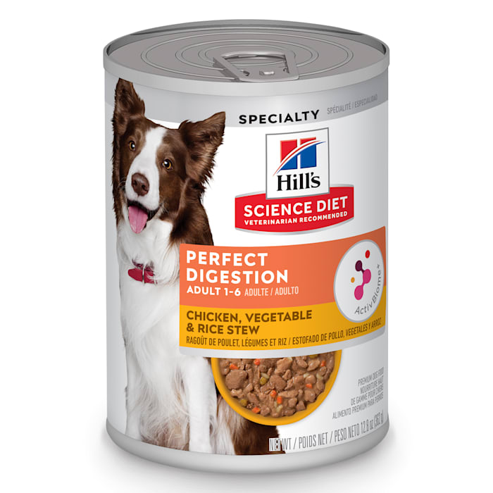 10/2026 Hill's Science Diet Adult Perfect Digestion Chicken, Vegetable & Rice Stew Canned Dog Food, 12.8 oz., Case of 12