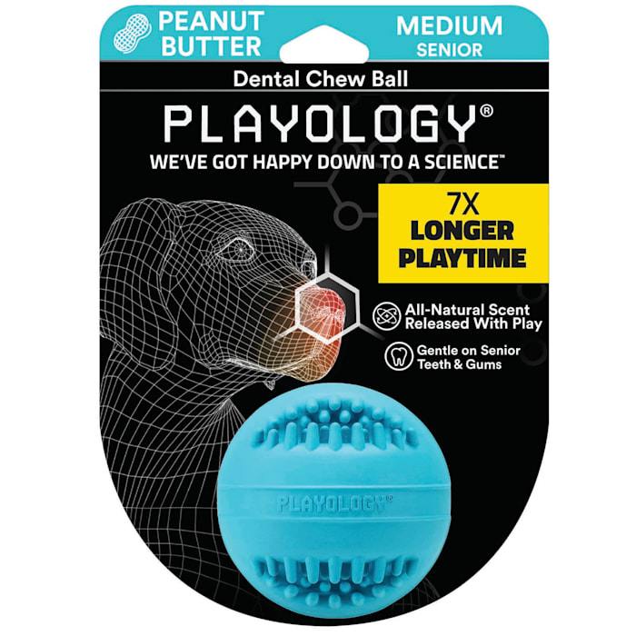 Playology Senior Dental Chew Ball Peanut Butter Dog Toy, Medium