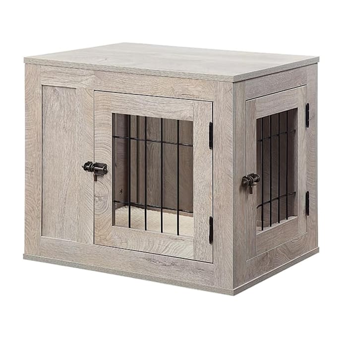 UniPaws Weathered Grey Wooden End Table Dog Crate, 23" L X 18" W X 21" H, Gray, Small