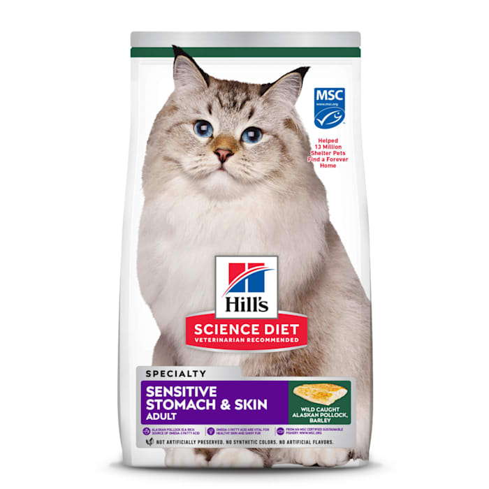 (best by: 04-2026)Hill's Science Diet Adult Sensitive Stomach & Skin Pollock Meal & Barley Recipe Dry Cat Food, 6 lbs.