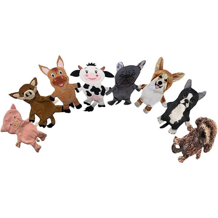 Piggy Poo and Crew Farm Animals and Dog Paper Crinkle Squeaker Toys, Small, Pack of 8