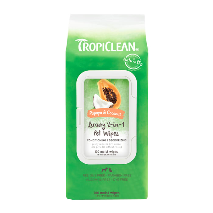 TropiClean Papaya & Coconut Luxury 2-in-1 Pet Wipes, Count of 100