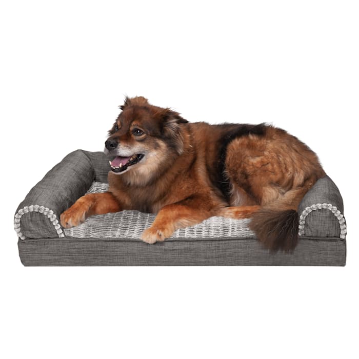 Furhaven Cooling Gel Foam Luxe Faux Fur & Performance Linen Sofa Removable Washable Dog Bed Cover, Large, 36" L X 27" H X 6.5" W