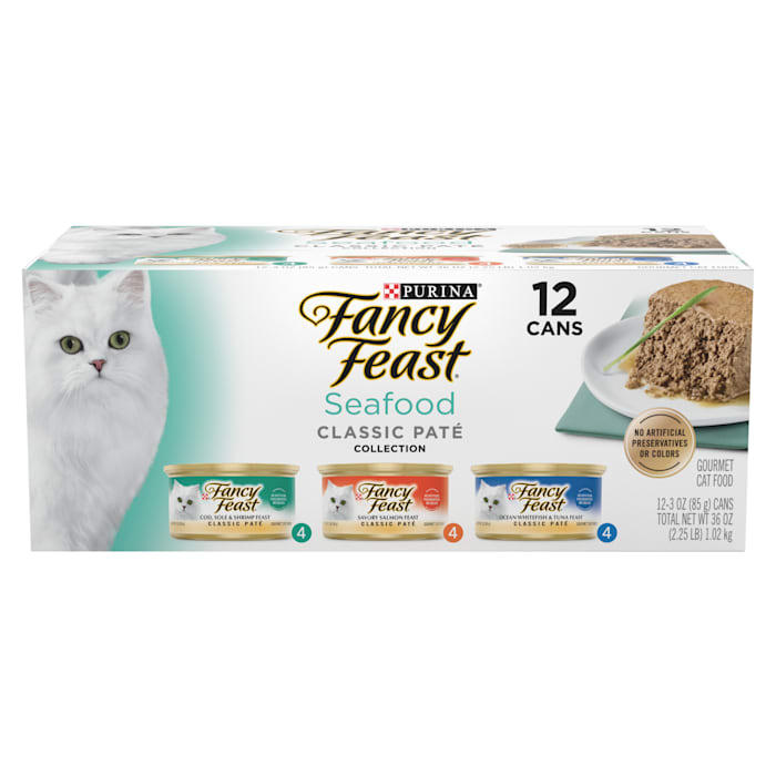 Fancy Feast Grain Free Seafood Classic Collection Pate Wet Cat Food Variety Pack, 3 oz, Count of 12