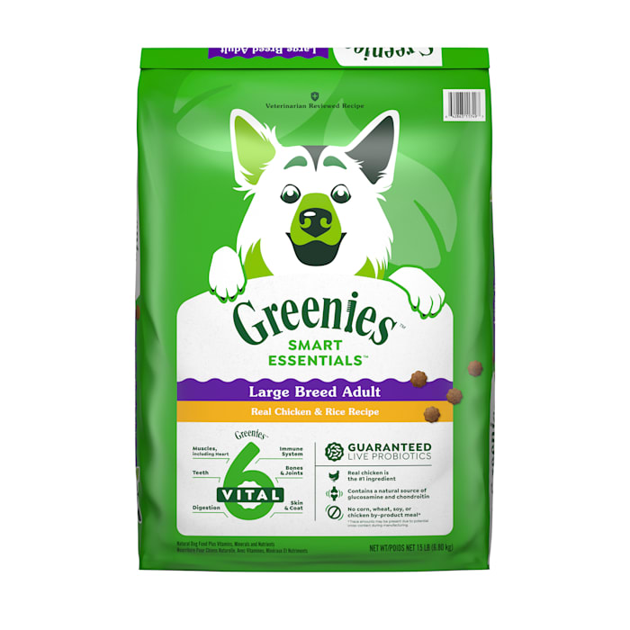 (BEST BY:JUN/09/2025)GREENIES Smart Essentials Adult Large Breed Protein Dry Dog Food Real Chicken Rice  15 lb. Bag