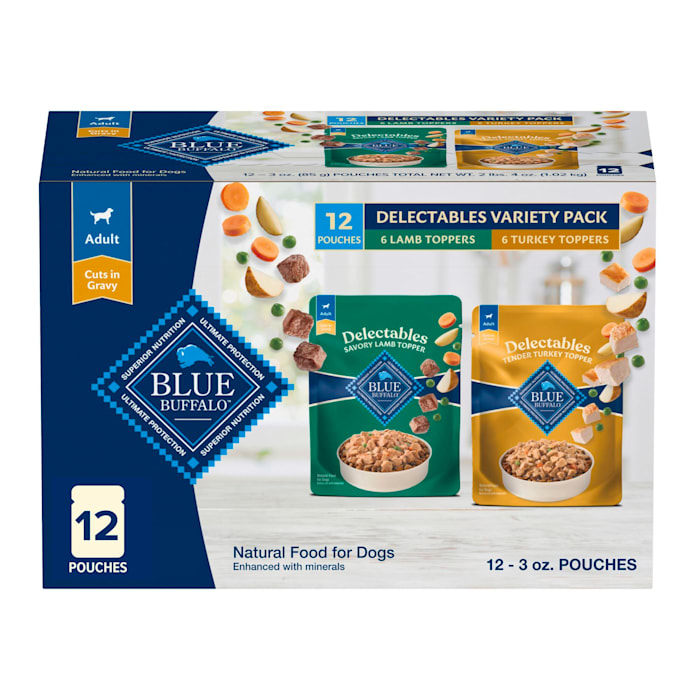 Blue Buffalo Delectables Natural Wet Dog Food Topper Variety Pack  Lamb & Turkey Dinner 3oz (12 Pack - 6 of Each Flavor)