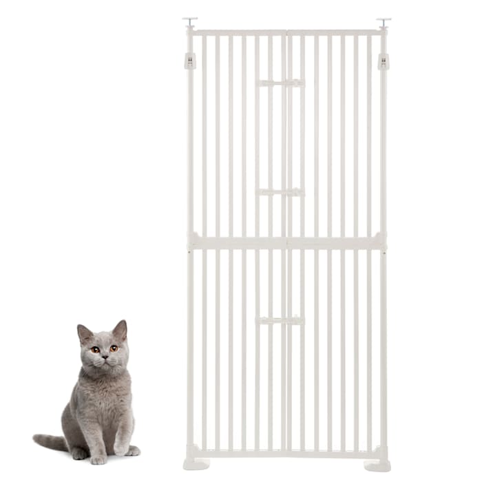 UniPaws Extra Tall Cat Pet Gate with Doors Locks Narrow Bar Spacing, 74" H, White, Medium