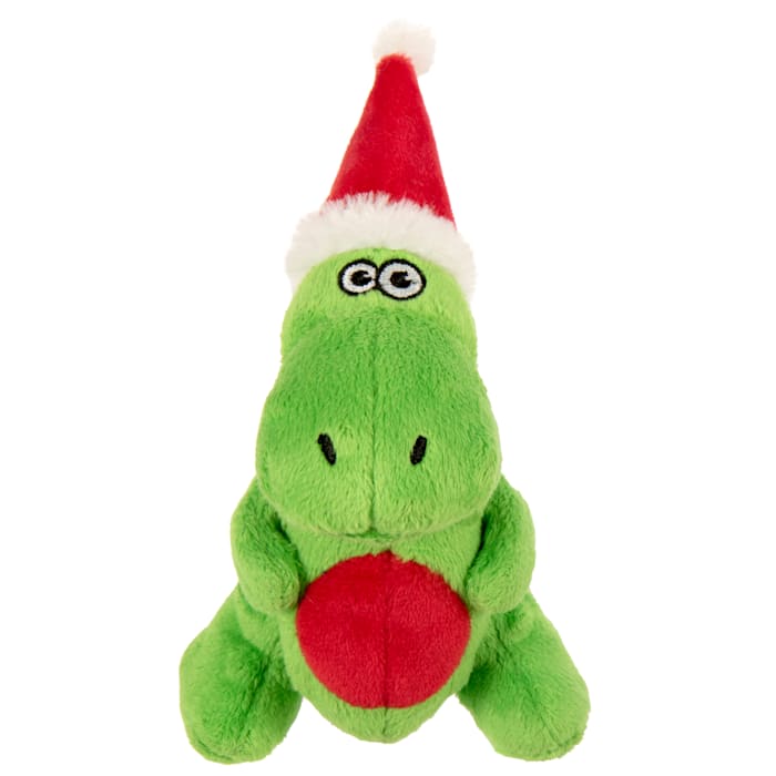 goDog Holiday Collection Just For Me Dinos Santa T-Rex Squeaky Chew Guard Technology Plush Dog Toy, Mini, Green
