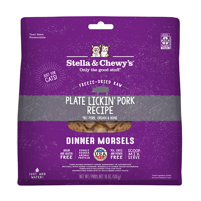 ( best by June 18 / 2025 ) Stella & Chewy's Freeze Dried Plate Lickin'  Pork Recipe Dinner Morsels Cat Food, 18 oz.