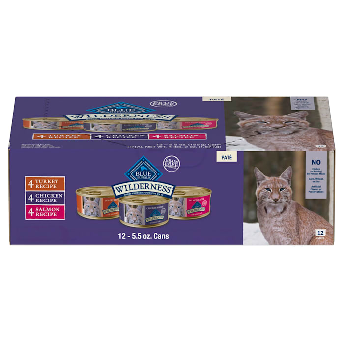 Blue Buffalo Wilderness Chicken, Salmon, Turkey High Protein, Adult Pate Wet Cat Food Variety Pack, 5.5 oz., Count of 12