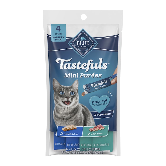 Blue Buffalo Tastefuls Mini Purees Chicken and Tuna Adult Cat Natural Single-Serving Snack Variety Pack, 0.5 oz., Count of 4