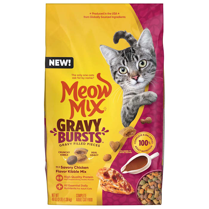 Meow Mix Gravy Bursts Savory Chicken Flavor Mix with Gravy Filled Pieces Dry Cat Food, 3 lbs